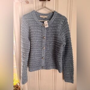 LOFT Light Blue Textured Knit Button Cardigan
